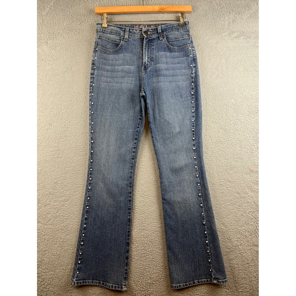 Hikit Y2K jeans Womens 8 Medium Wash Pearl Studded Side Seam Bootcut Denim Blue